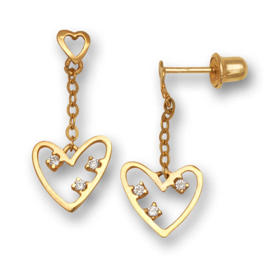 14K Yellow Gold CZ Open Heart Dangle Stud Screwback Earrings for Women