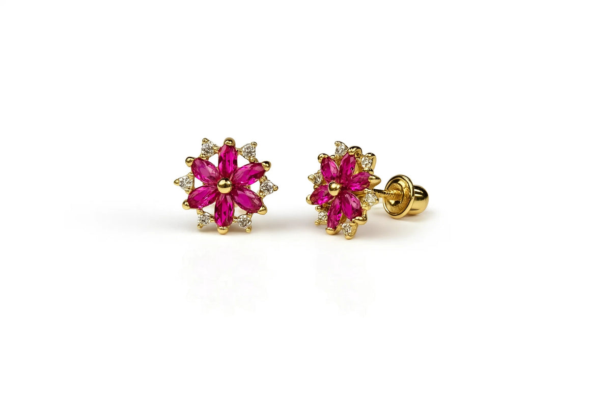 14K Yellow Gold Beautiful CZ Flower Stud Earrings for Women