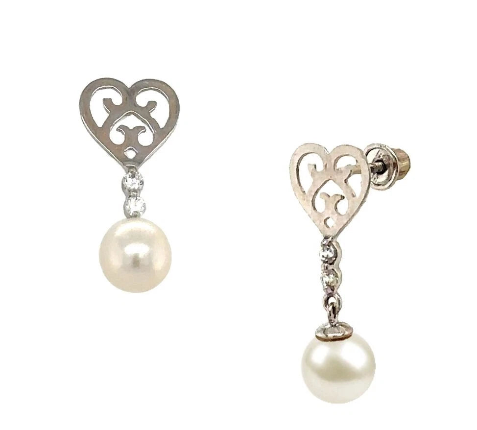 14K White Gold Dangle Earrings With Genuine Freshwater Cultured Pearl ScrewBack