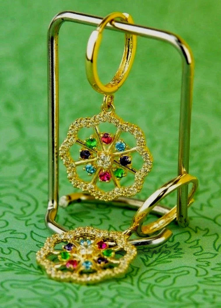 14k Yellow White Gold Dangle CZ Flower Huggie Earrings