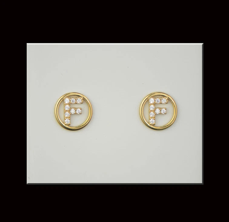 14k Yellow or White Gold Round Initial Letters CZ Stud Earrings