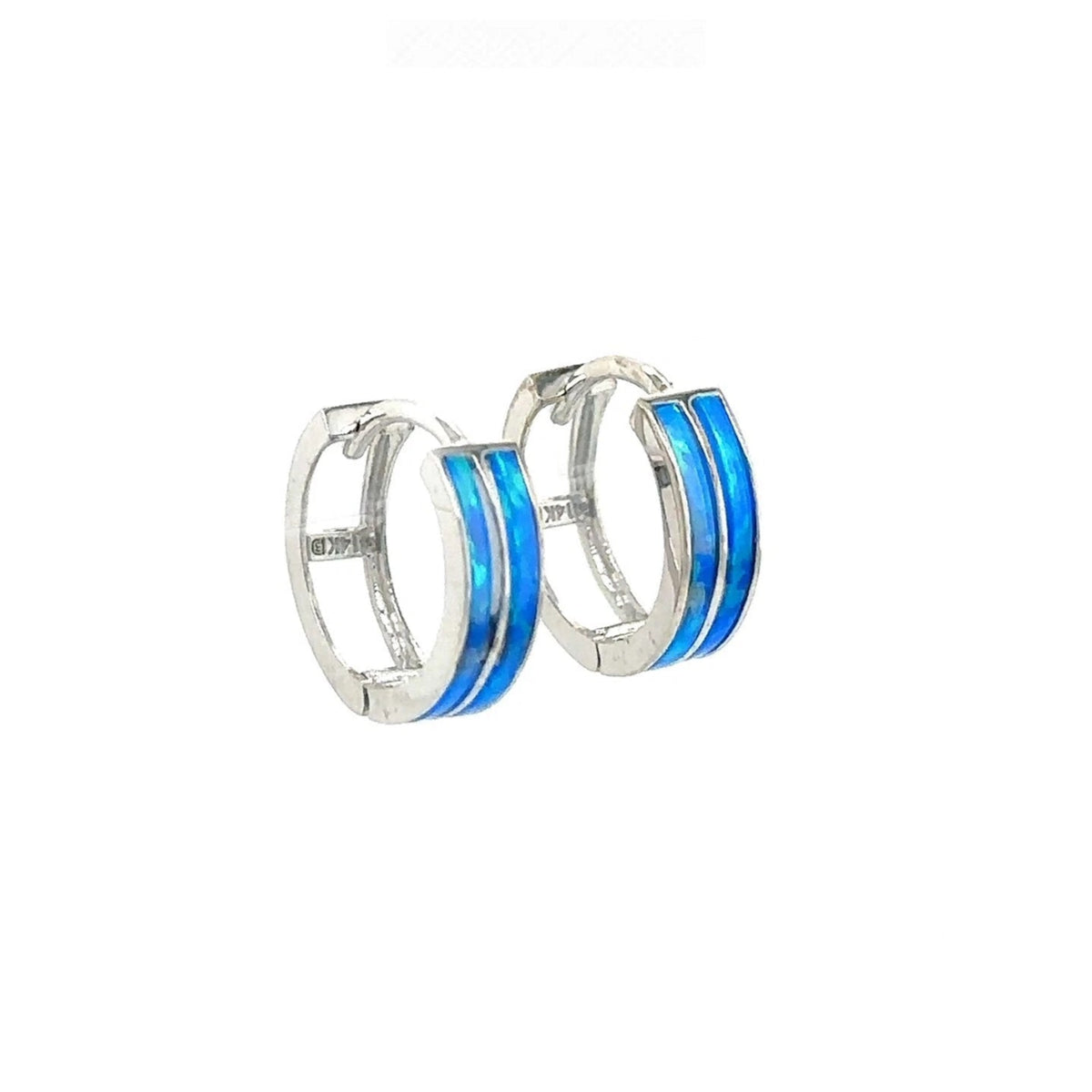 14k White Gold Double Row Dark Blue Opal Huggie Hoop Earrings