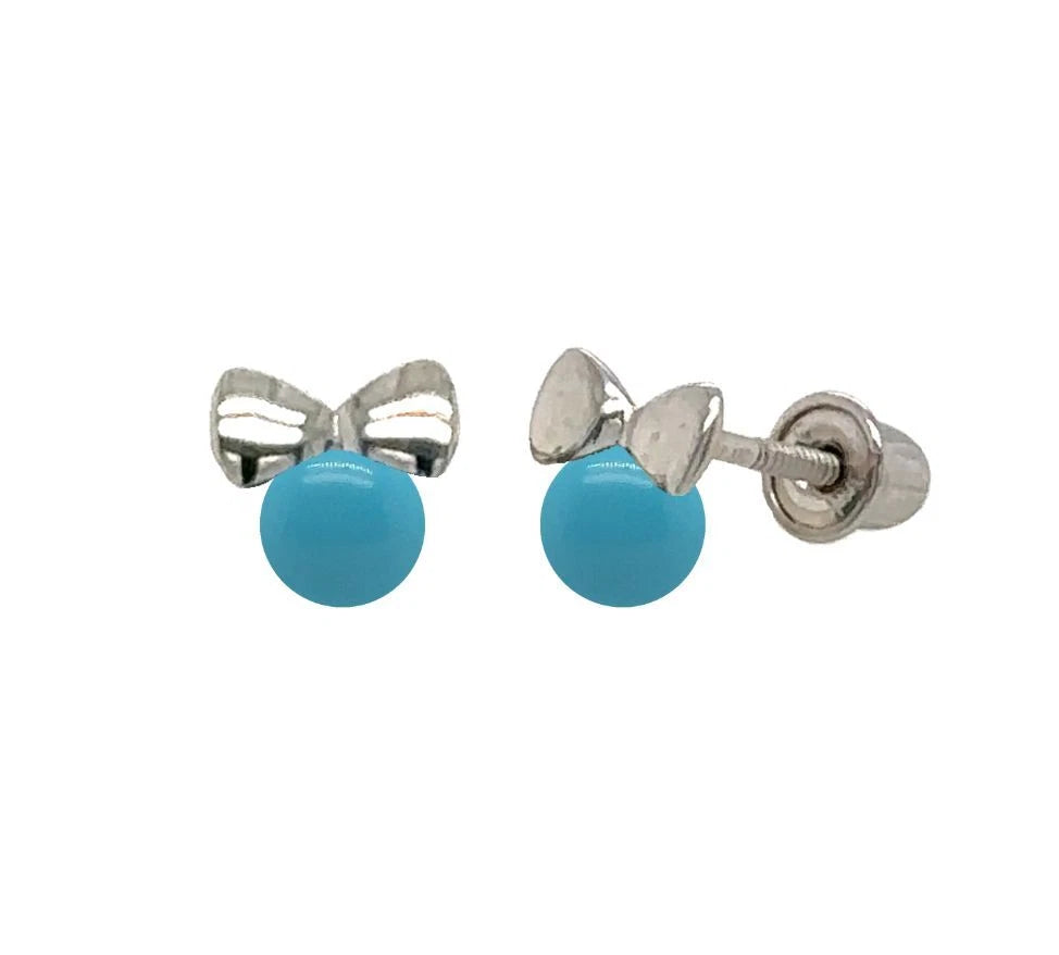 14k Yellow Gold Bow Tie Turquoise Stud Earrings/ Screw Back