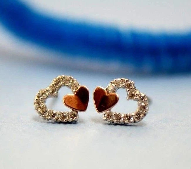14K White or Yellow Gold Double Heart Shape CZ Stud Earrings