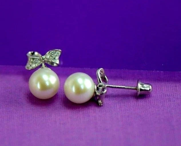 14k yellow white gold bow tie pearl cz stud earring freshwater