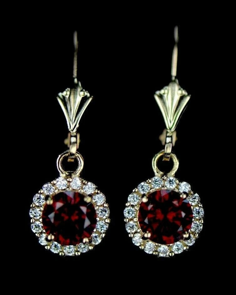 14k Yellow Gold Halo Dangle Round Leverback Pierced Earrings Birthstone