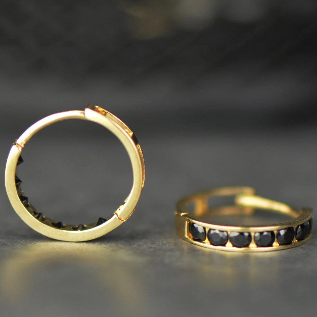 14k Yellow and White Gold Black Huggie Hoop Earrings