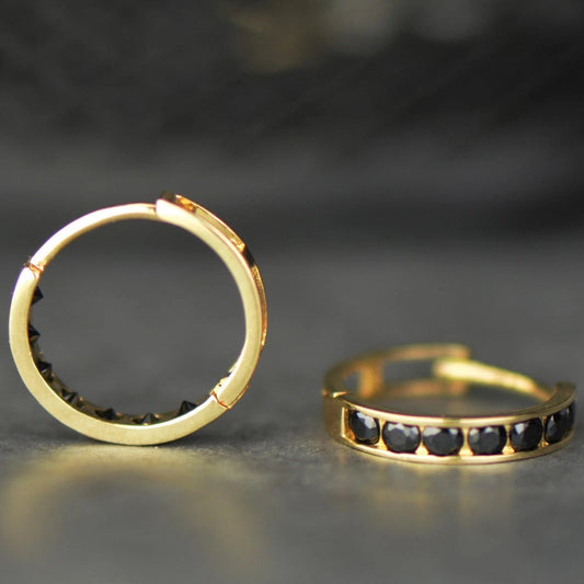 14k Yellow and White Gold Black Huggie Hoop Earrings