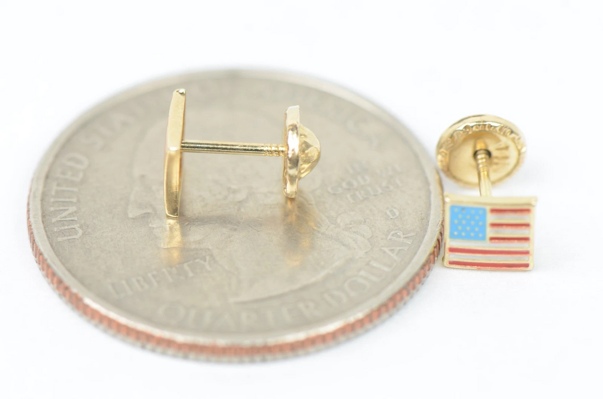 14K Yellow Gold American Flag Stud Earrings with Enamel