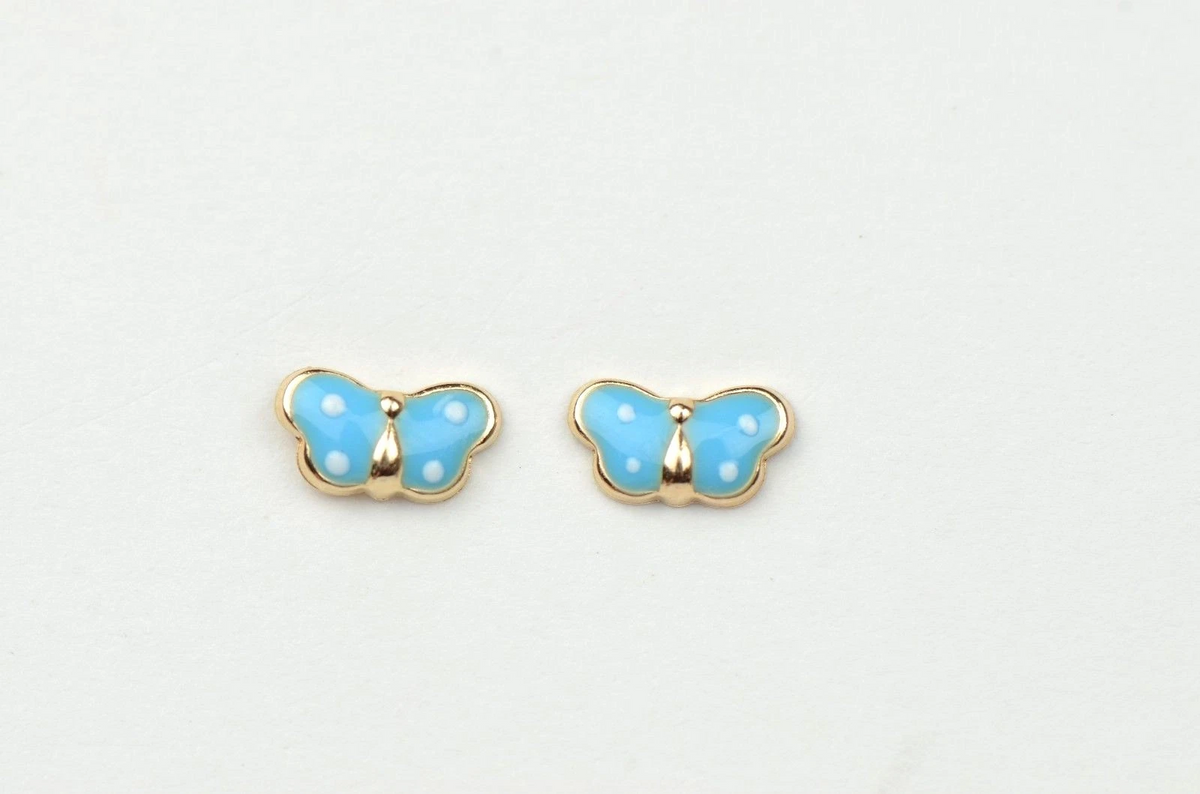 Gold 14k Yellow Enamel Butterfly Baby Earrings with Screw Back