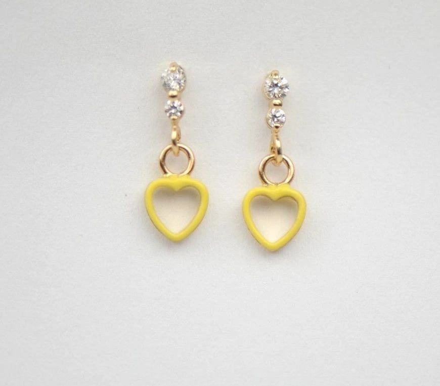 14K Solid Yellow Gold Heart Shape Dangle Earring with Enamel