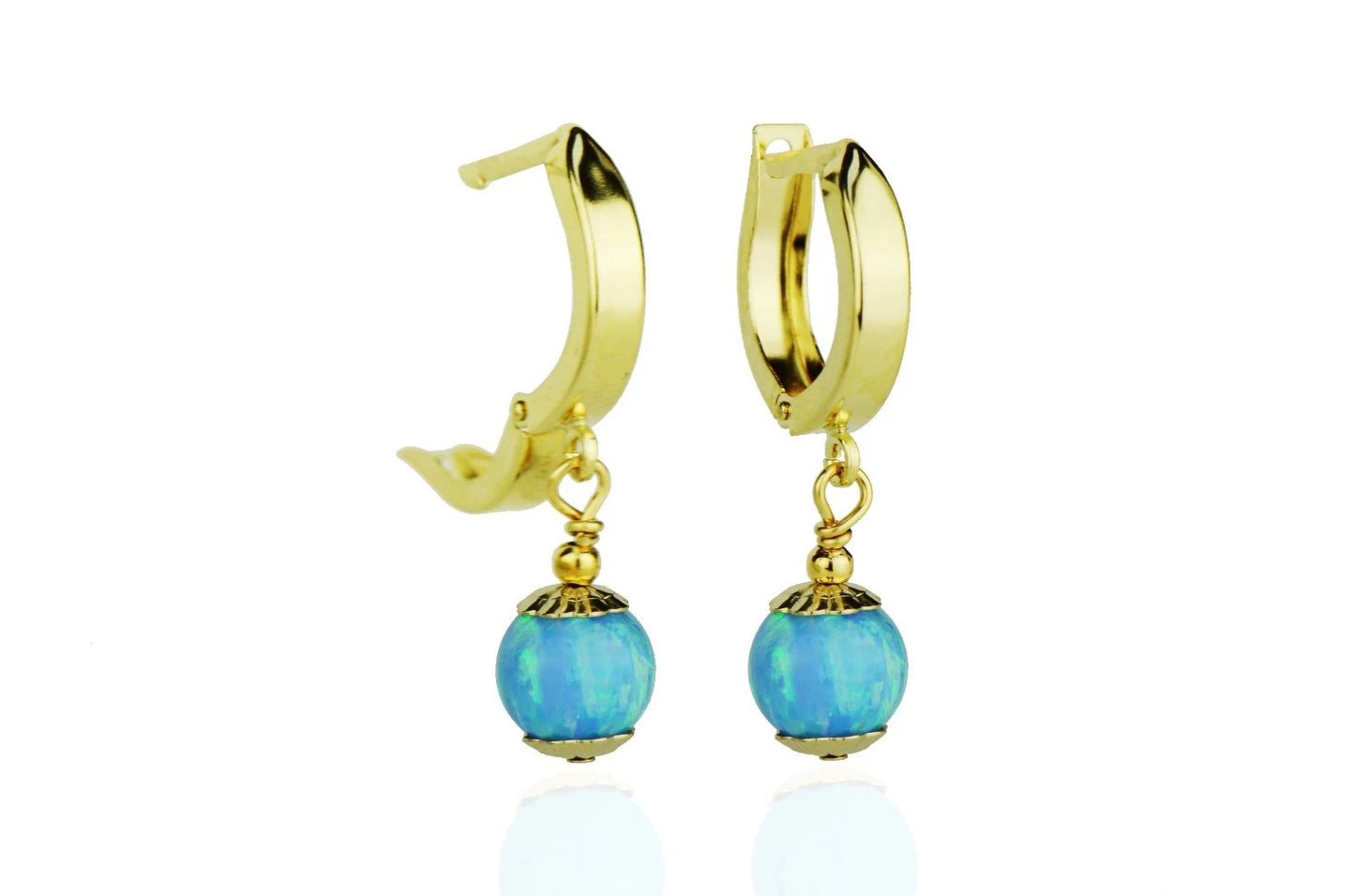 14k Yellow Gold Opal Huggie Snap Closure Dangle Earrings