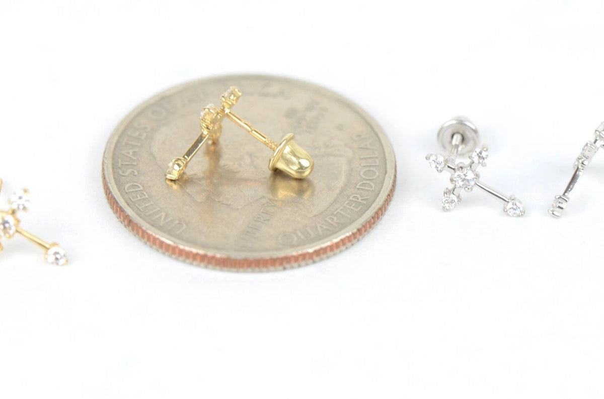 14K Yellow White Gold Cubic Zirconia CZ Cross Earrings