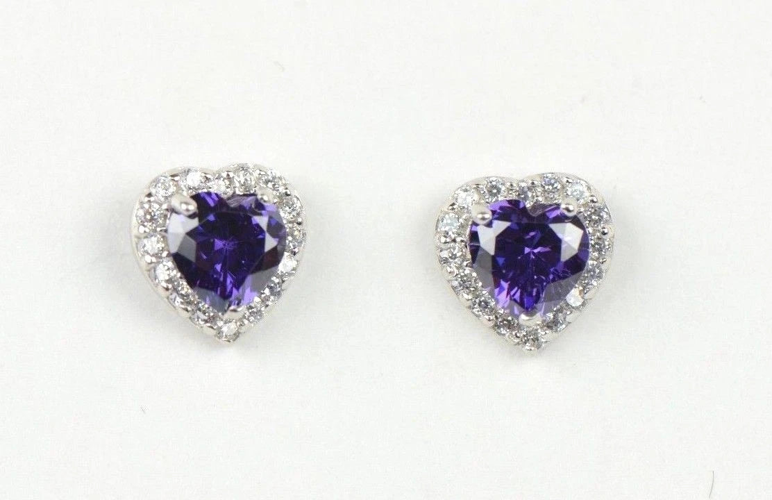 14k Solid White Gold Halo Heart Stud Earrings