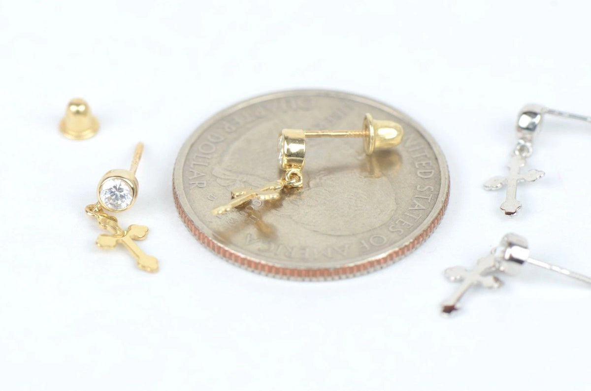 14K Yellow White Gold Cubic Zirconia CZ Cross Dangle Earrings