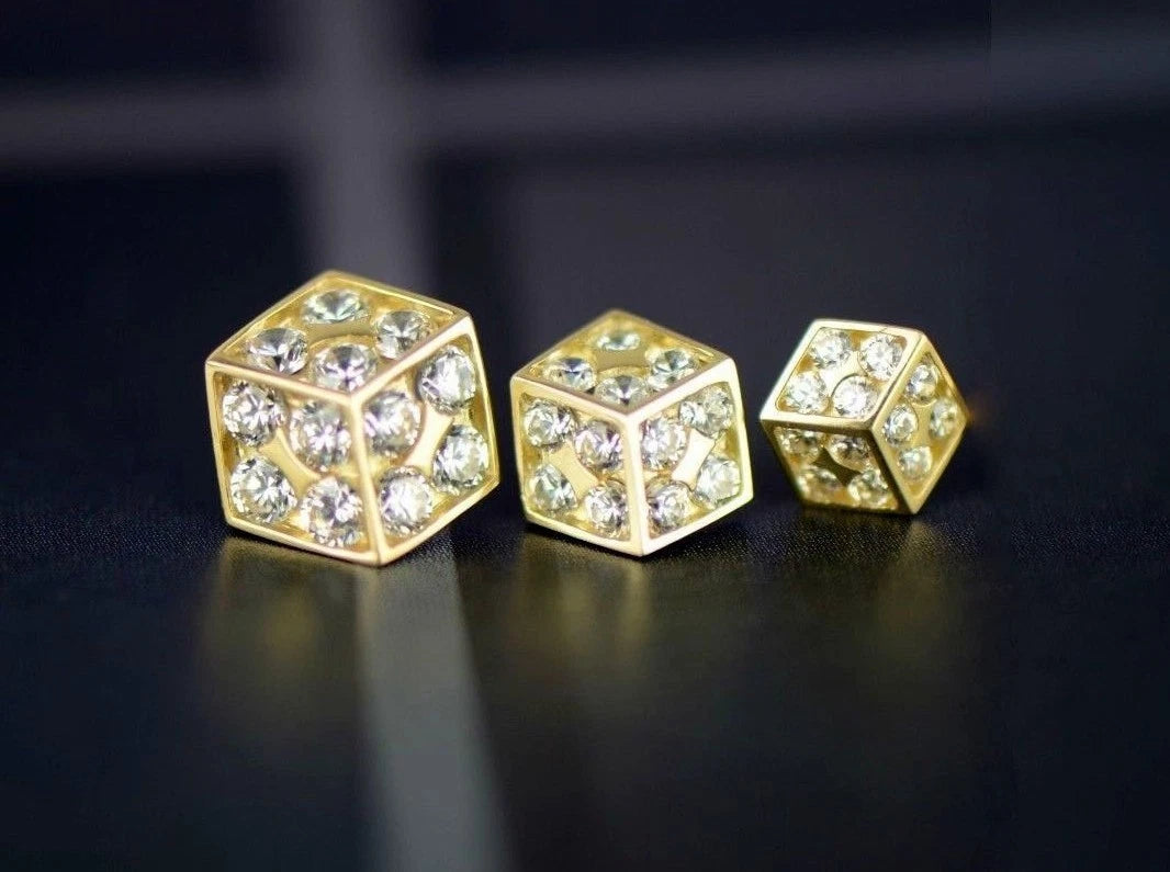 14K Yellow or White Gold Dice Stud Earrings Screw Back
