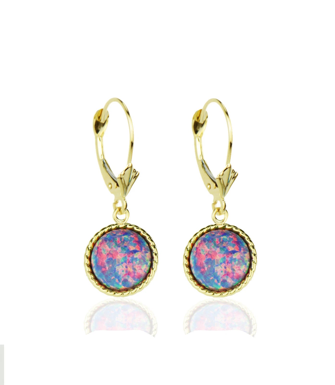 14k Yellow Gold Opal Round Flat Dangle Leverback Earrings