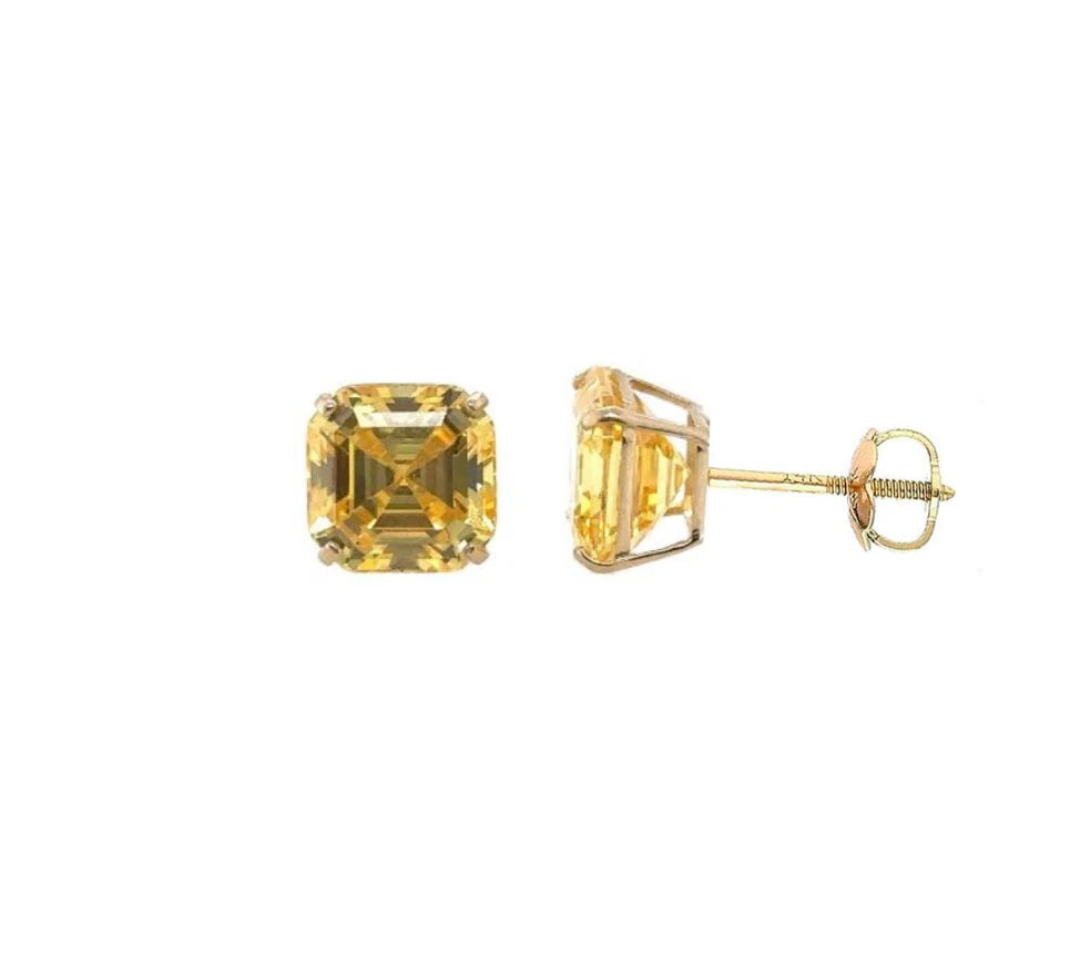 14K Yellow Gold Asscher Cut Stud Earrings Screw Back