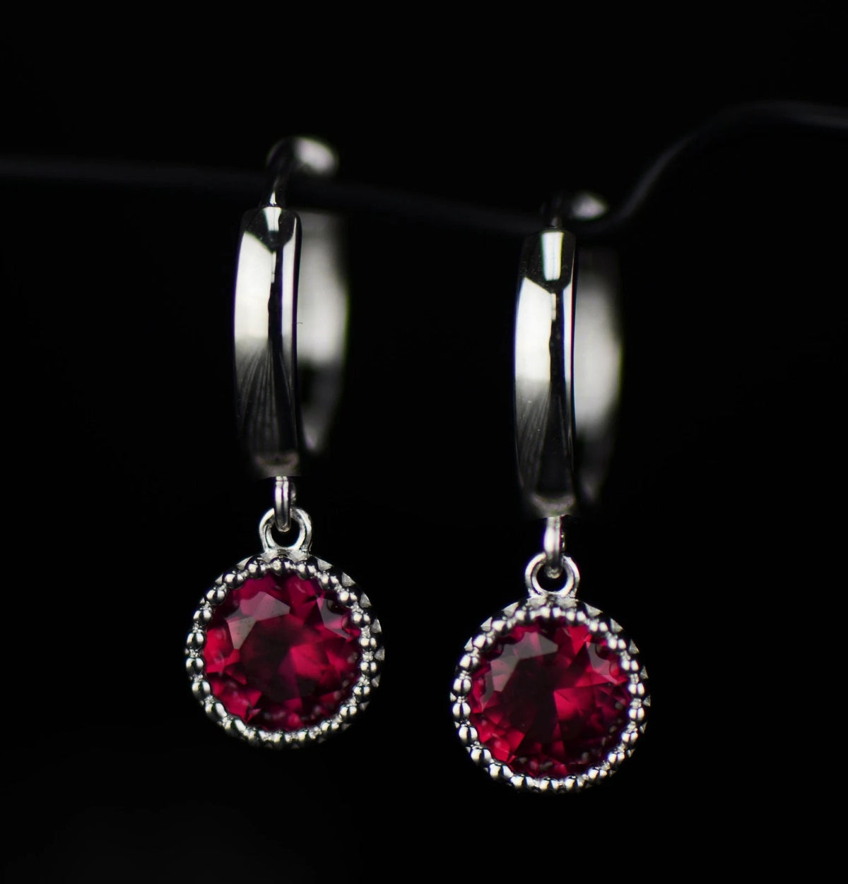 14k White Gold Dangle Round Birthstone Huggie Earrings