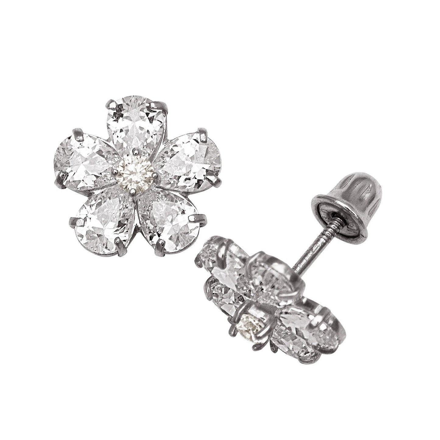 14k Yellow & White Gold CZ Flower Birthstone Stud Screw Back Earrings for Women