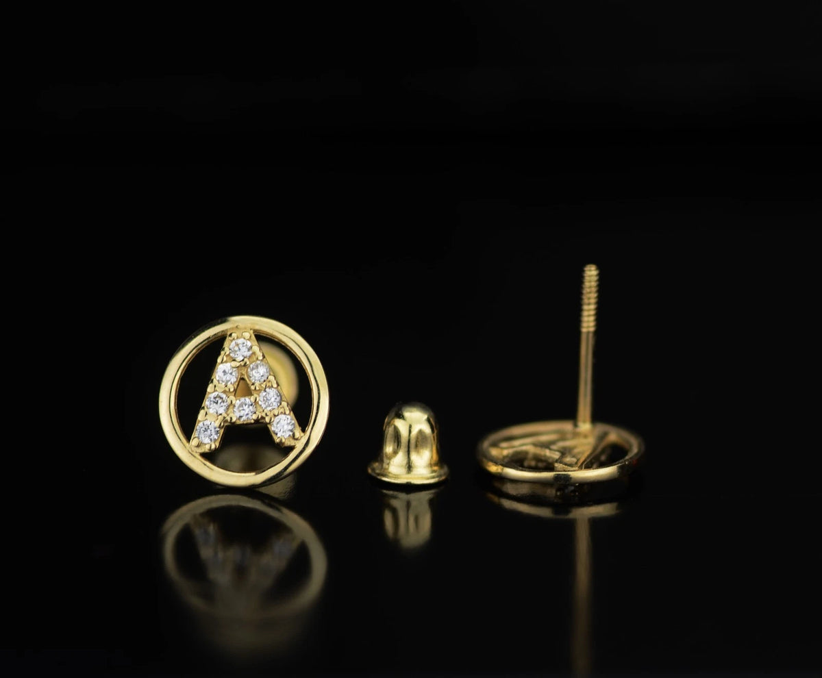 14k Yellow or White Gold Round Initial Letters CZ Stud Earrings