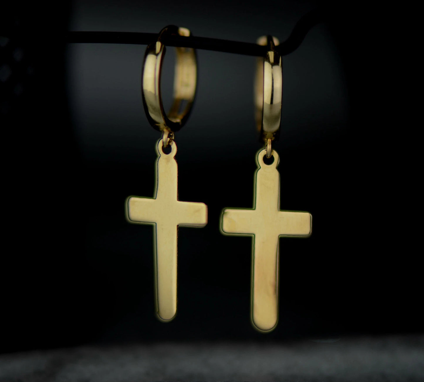 14k Yellow / White Gold Dangle Cross Hamsa Huggie Earrings