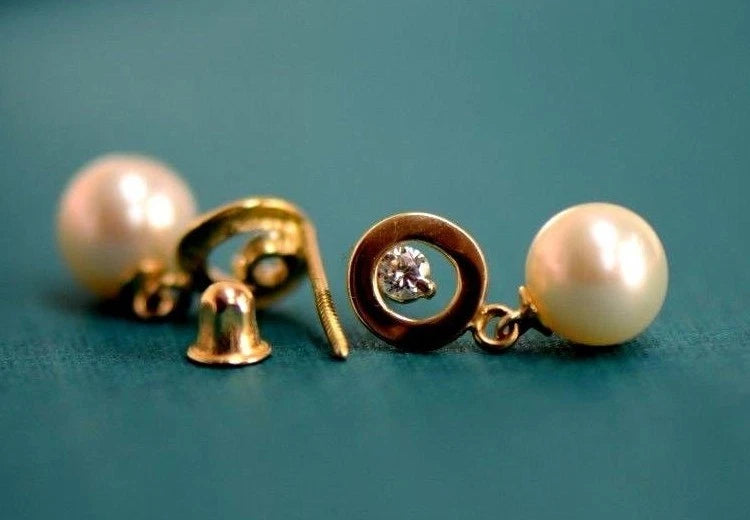 14K Yellow and White Gold Genuine Pearl CZ Stud Earring