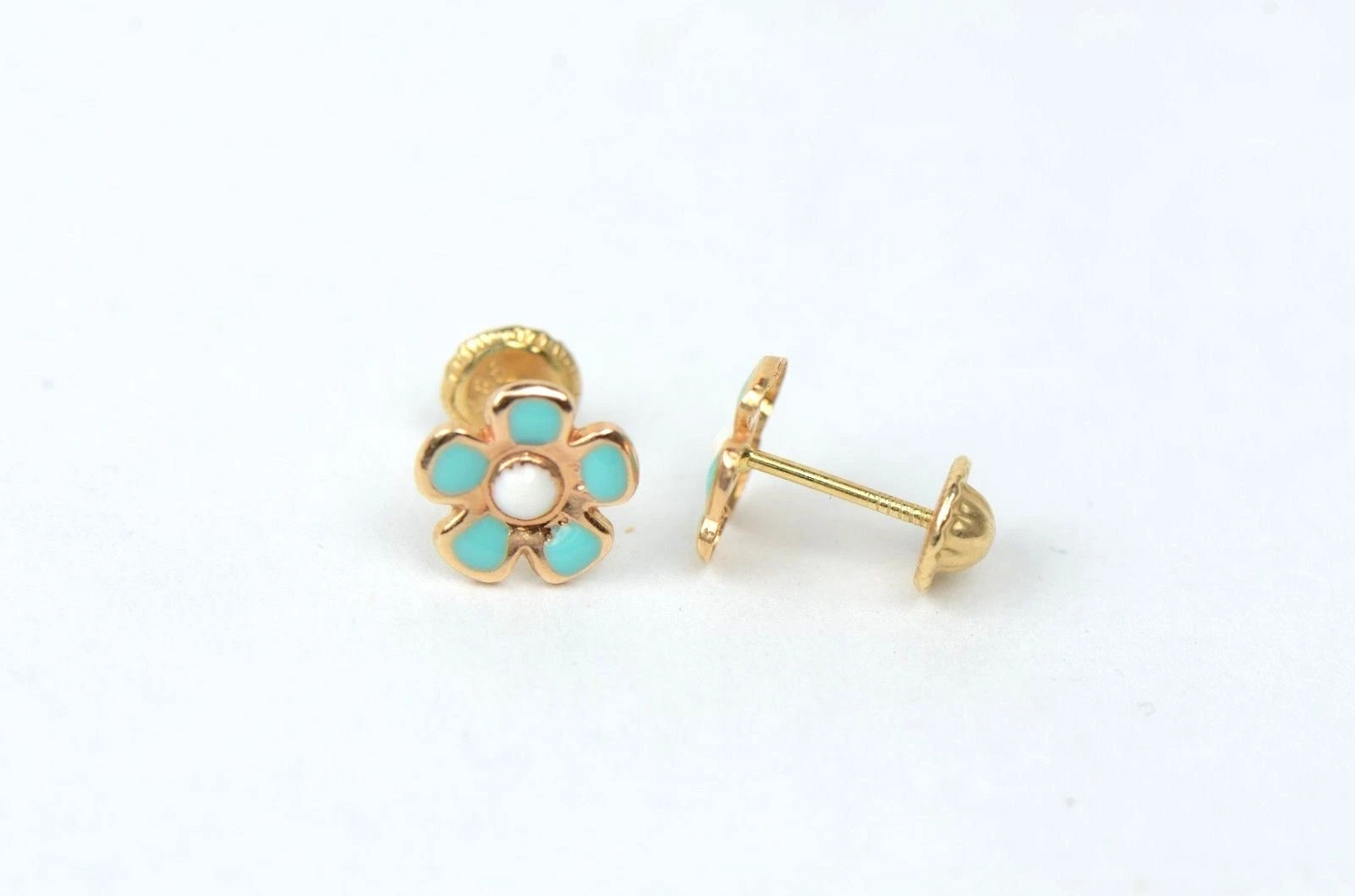 14k Yellow Gold Baby Enamel Flower Earrings, Screw Back
