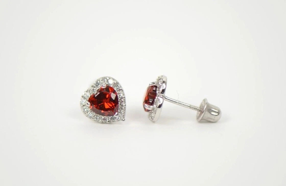 14K White Gold Halo Heart CZ Stud Earrings Screw Back
