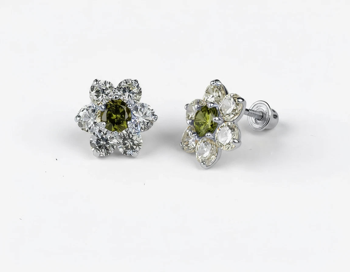 14k White Gold Beautiful Flower Shaped Stud Screw Back Earrings for Women