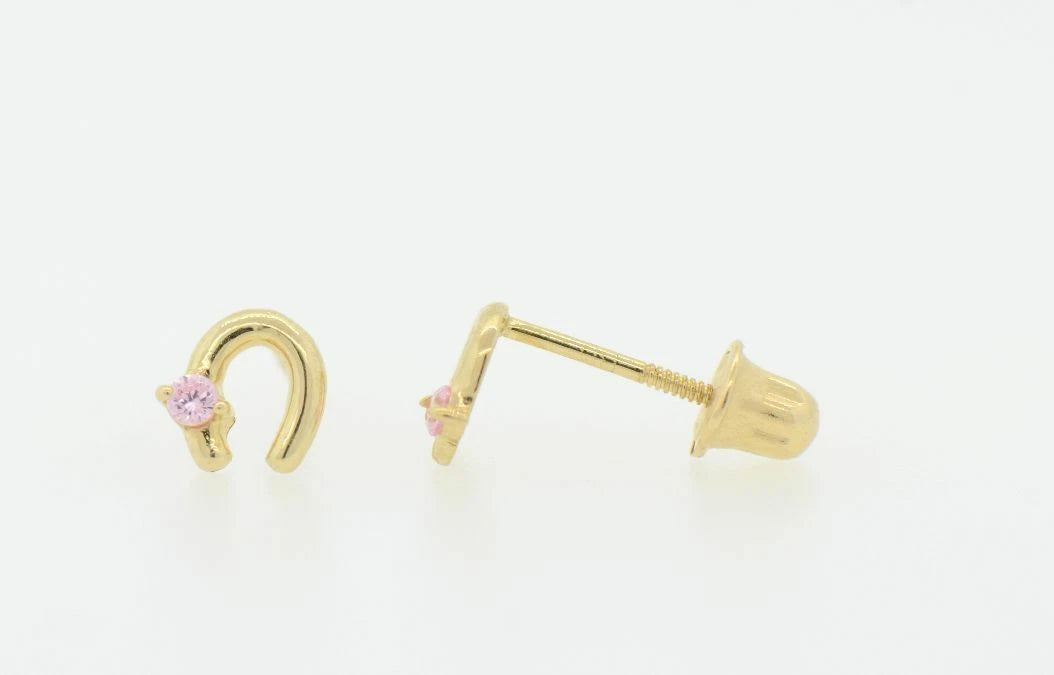14k Solid Yellow or White Gold Horse Shoe Screw Back Stud Earrings with CZ