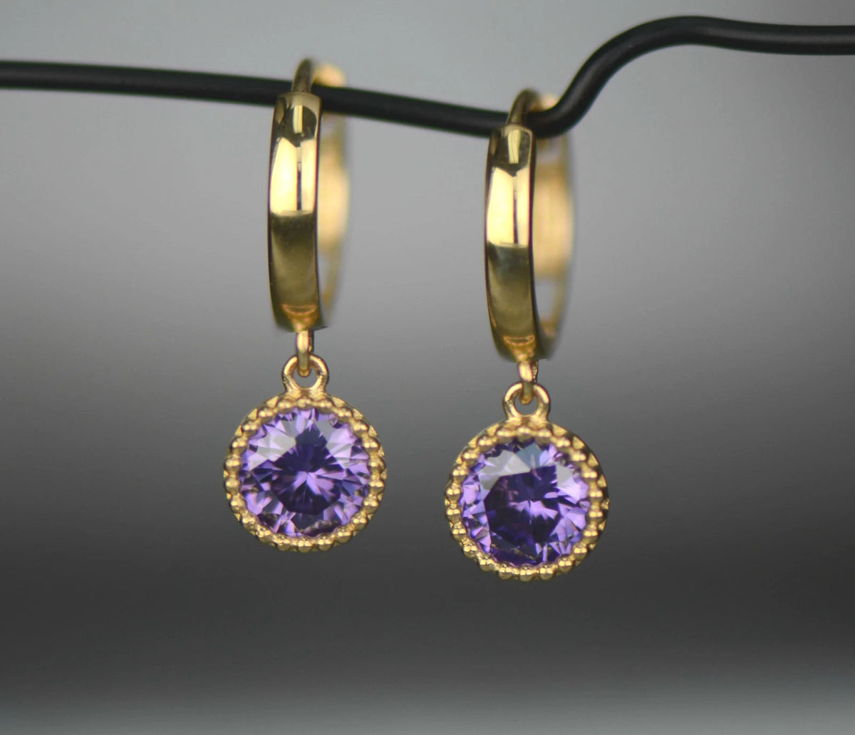14k Yellow Gold Dangle Round Birthstone Huggie Earrings