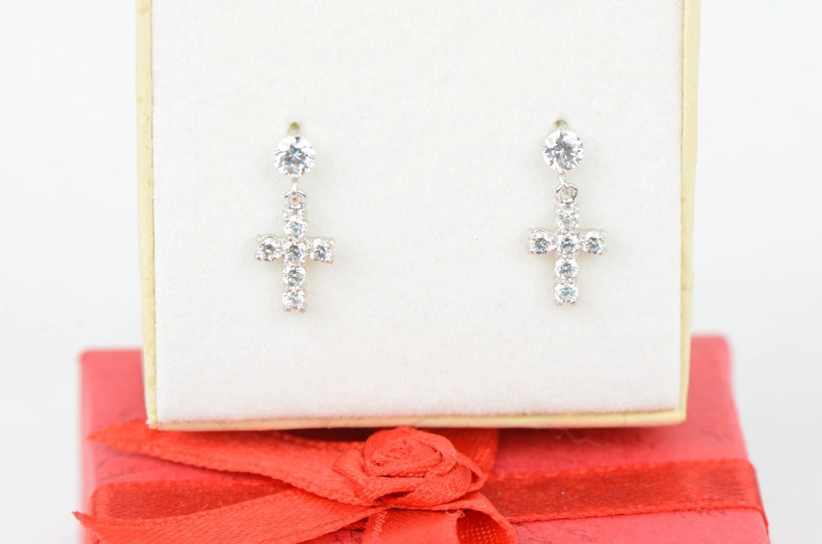 14K Cubic Zirconia CZ Cross Dangle Earrings