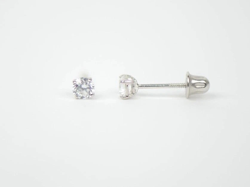 CZ Stud Earring Round cut in 14k white gold Screw back