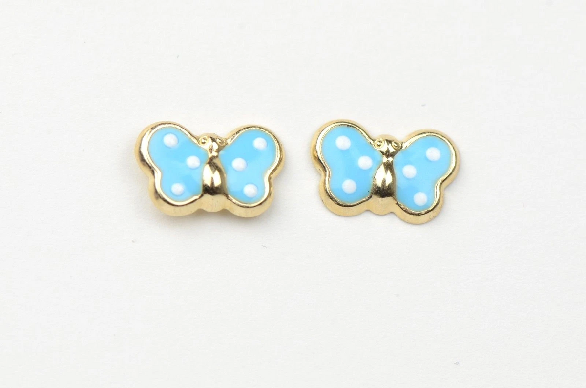 14k Yellow Gold Butterfly Enamel Baby earrings with Screw Back