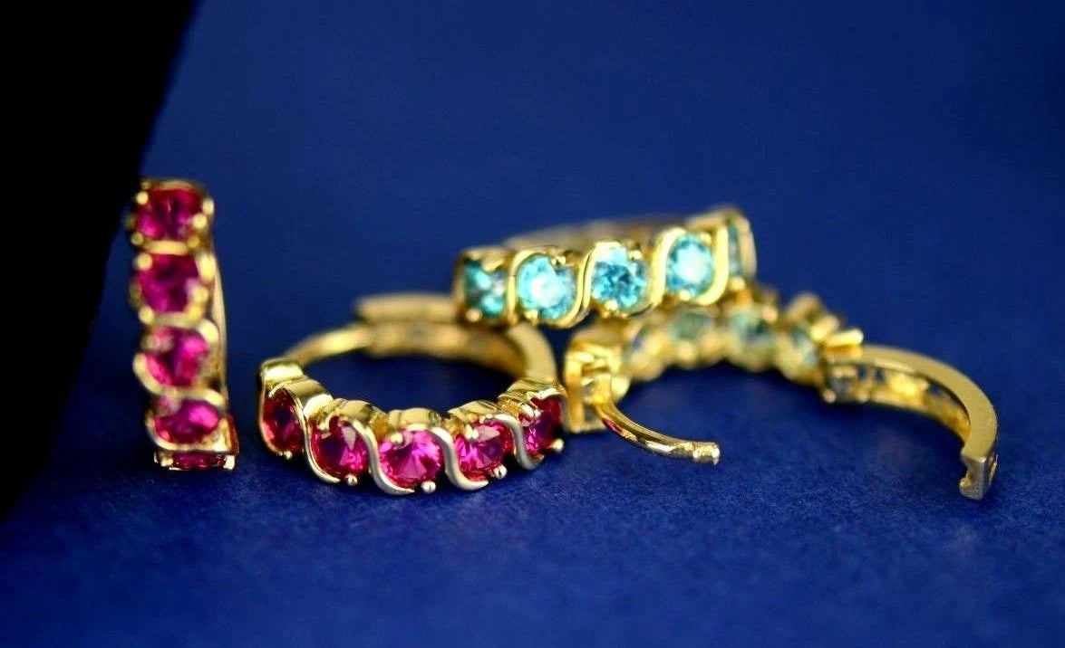 14k Yellow Gold Fancy Huggie Hoop CZ Earrings