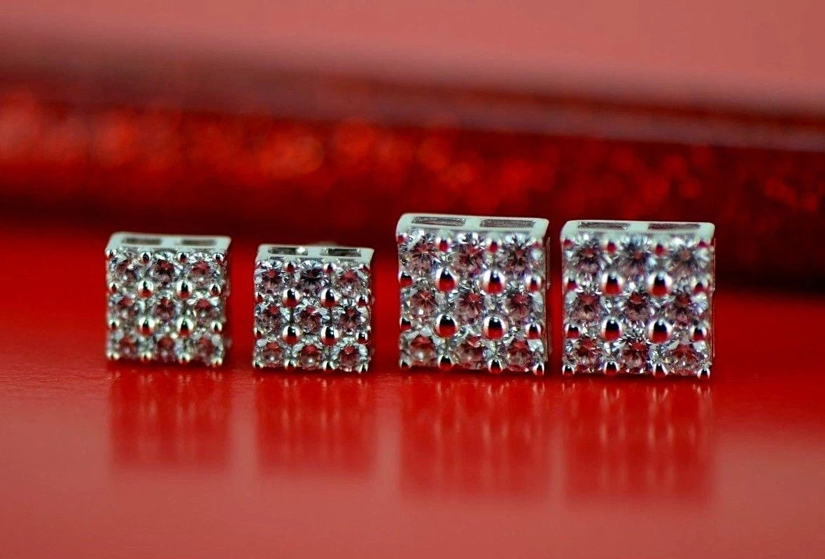 14K Yellow or White Gold Fancy Square Design CZ Stud Earrings