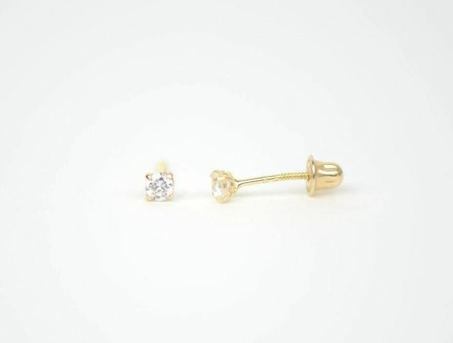 CZ Stud Earring Round cut in 14k yellow gold Screw back