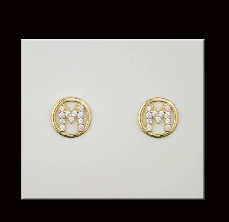 14k Yellow or White Gold Round Initial Letters CZ Stud Earrings