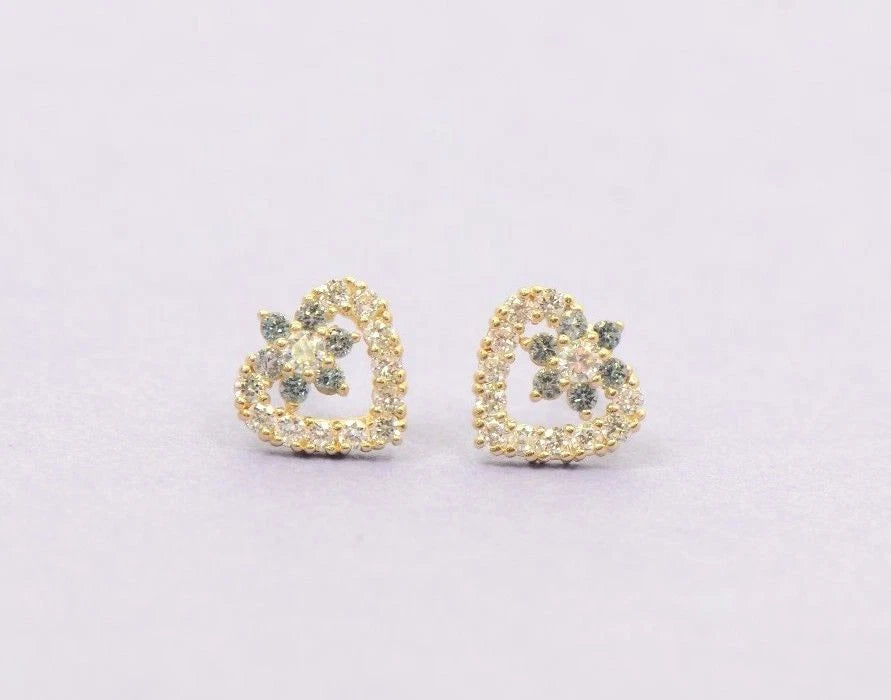 14K Yellow Gold Stud Heart Shape CZ Stud Earrings