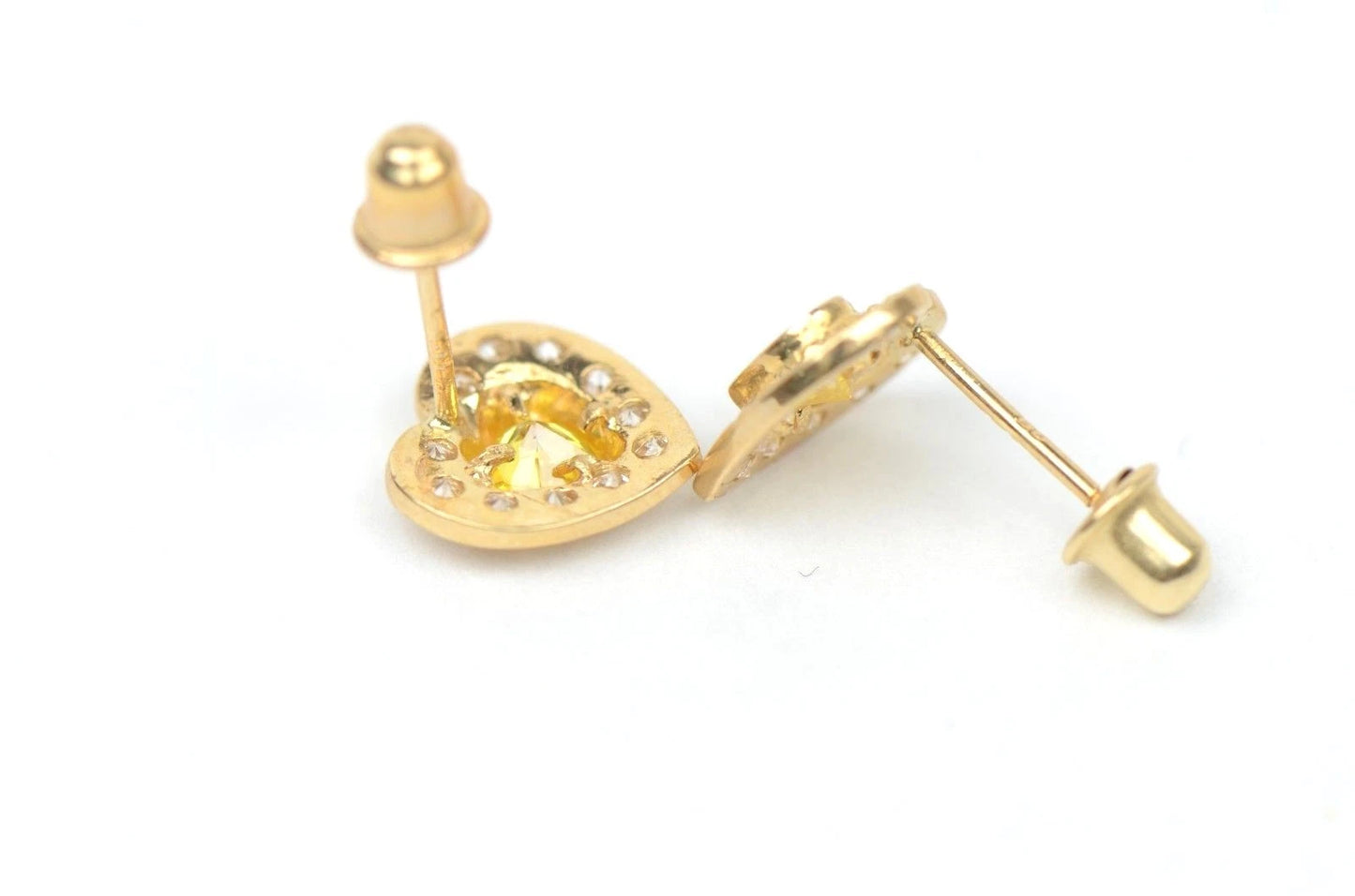 14K Yellow Gold Birthstone Heart with CZ Stud Earrings Screw Back