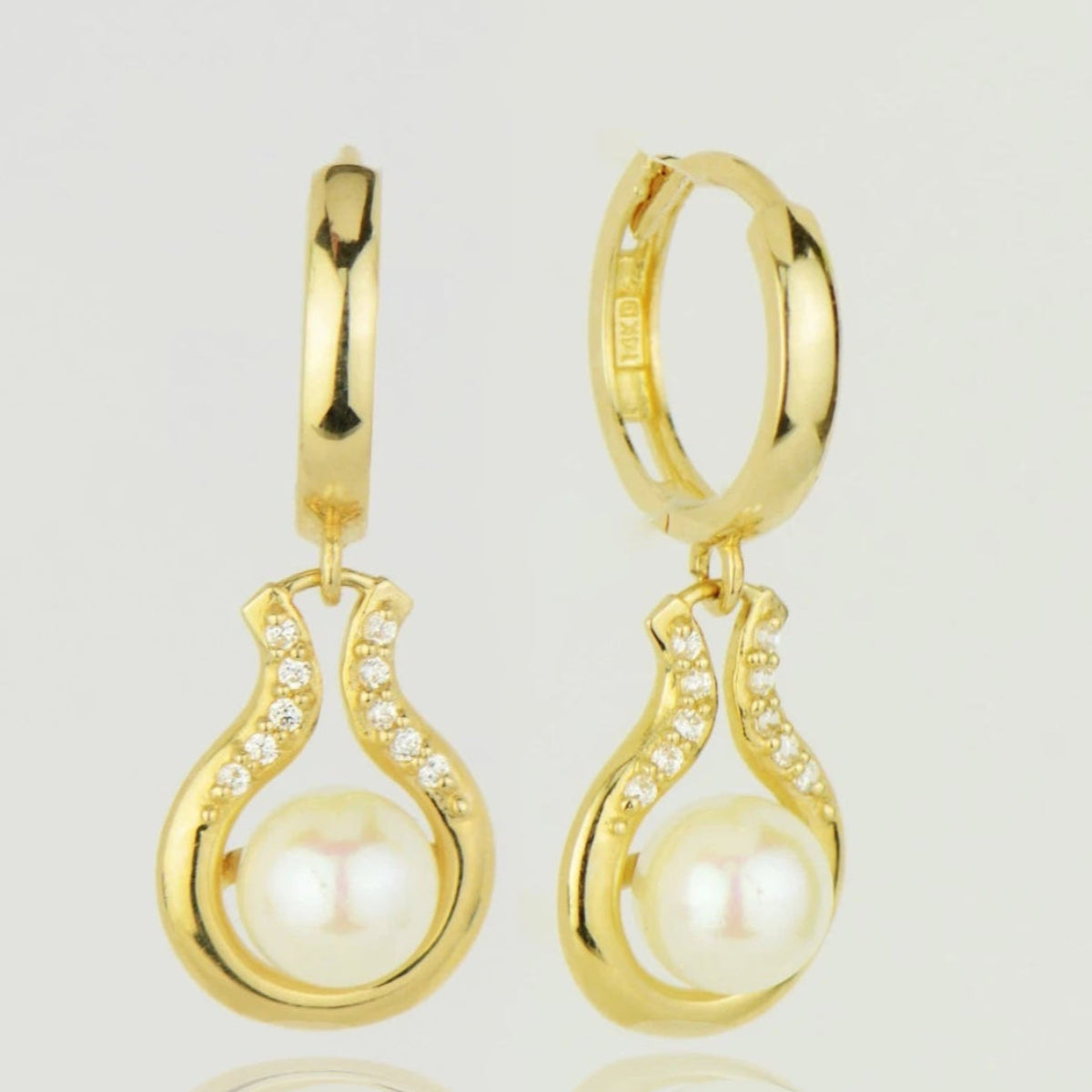 14K Yellow / White Gold Freshwater Pearl Huggie Hoop Dangle Earrings
