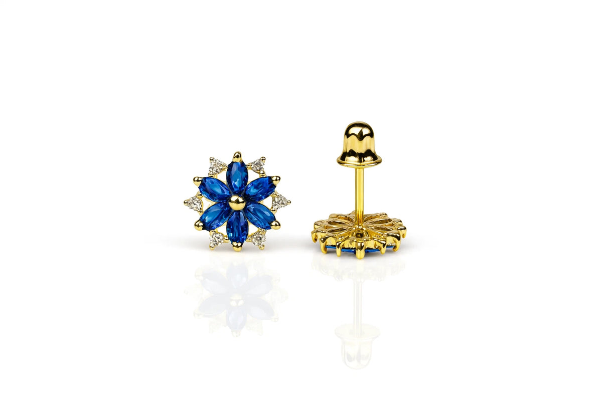 14K Yellow Gold Beautiful CZ Flower Stud Earrings for Women