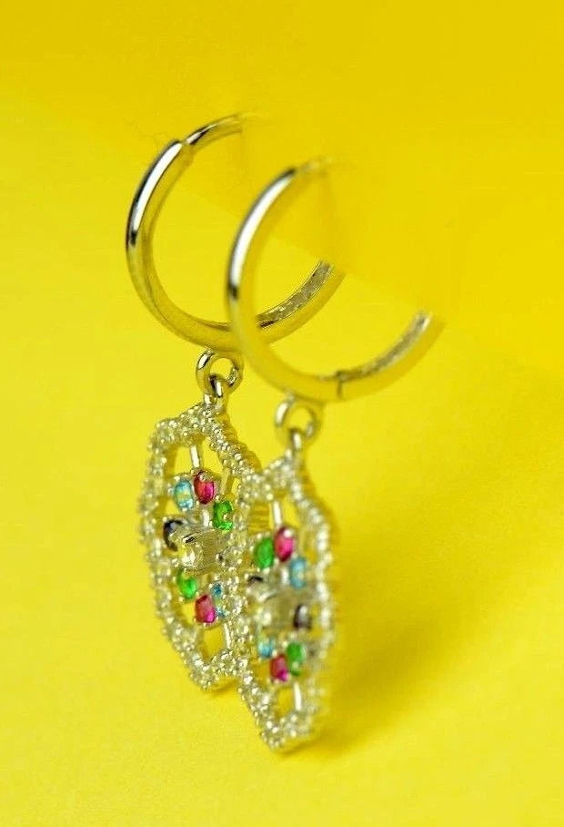 14k Yellow White Gold Dangle CZ Flower Huggie Earrings