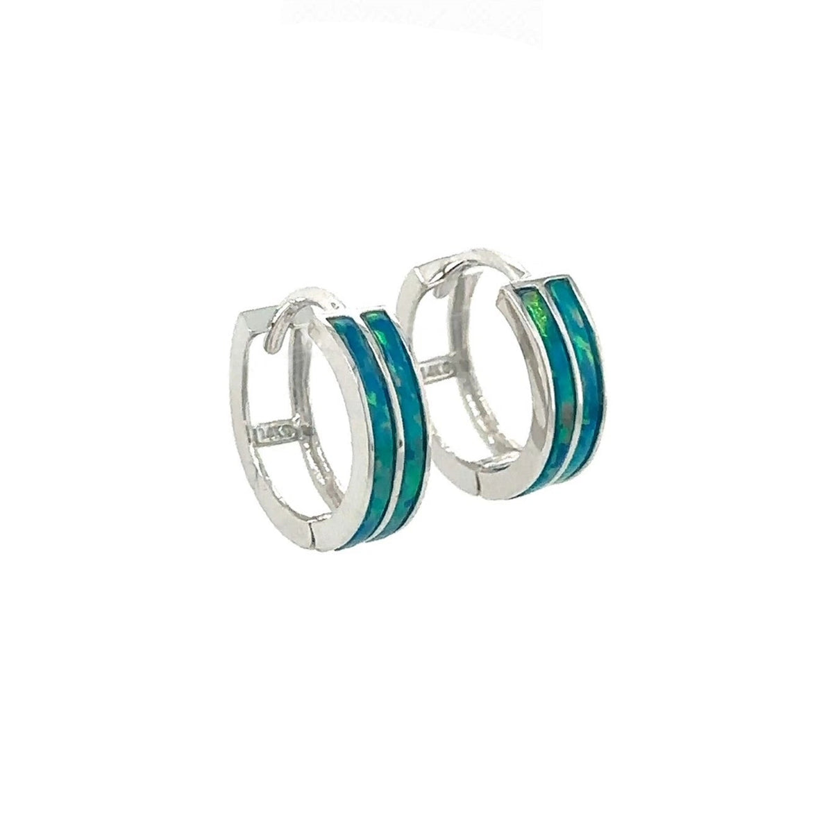 14k White Gold Double Row Dark Green Opal Huggie Hoop Earrings