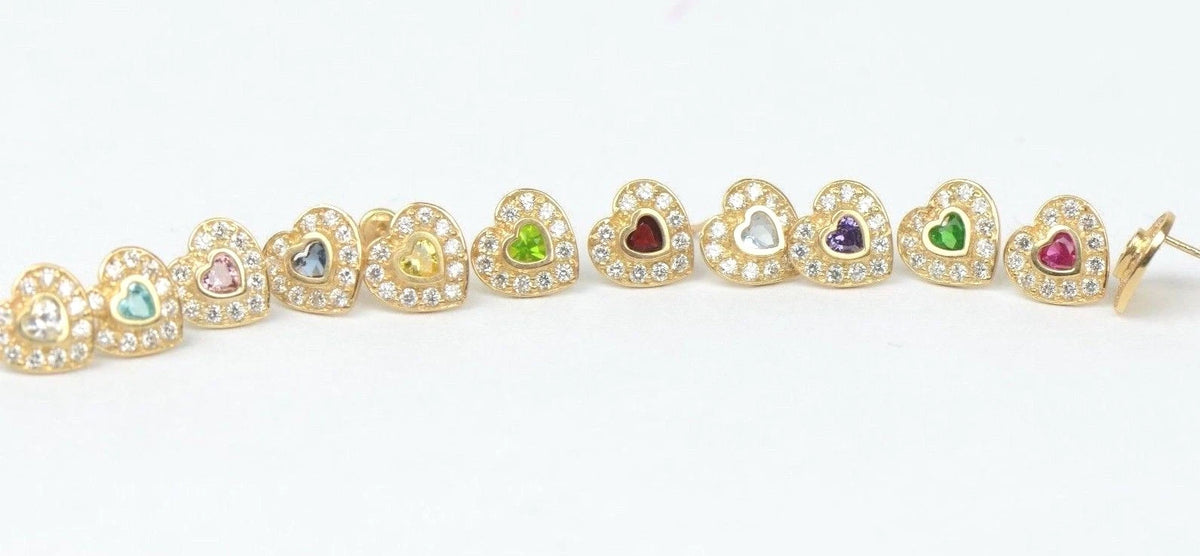 14K Yellow Gold Birthstone Heart with CZ Stud Earrings Screw Back