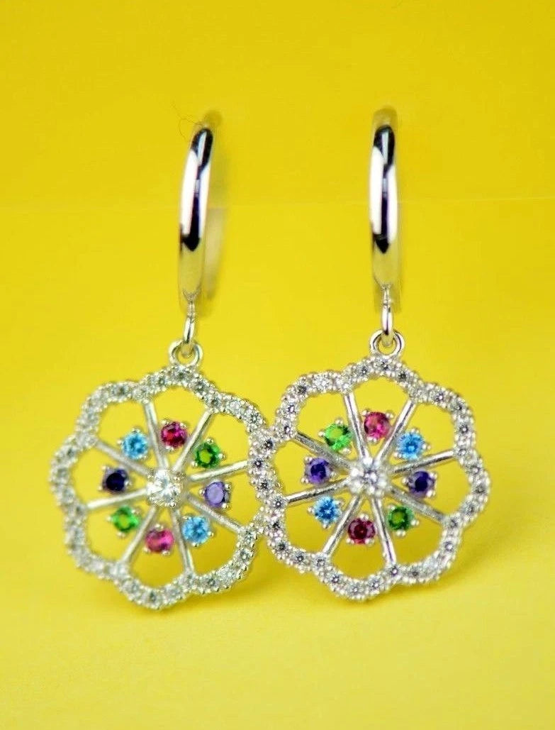 14k Yellow White Gold Dangle CZ Flower Huggie Earrings