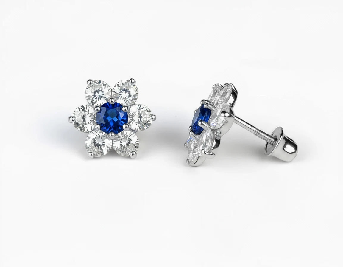 14k White Gold Beautiful Flower Shaped Stud Screw Back Earrings for Women