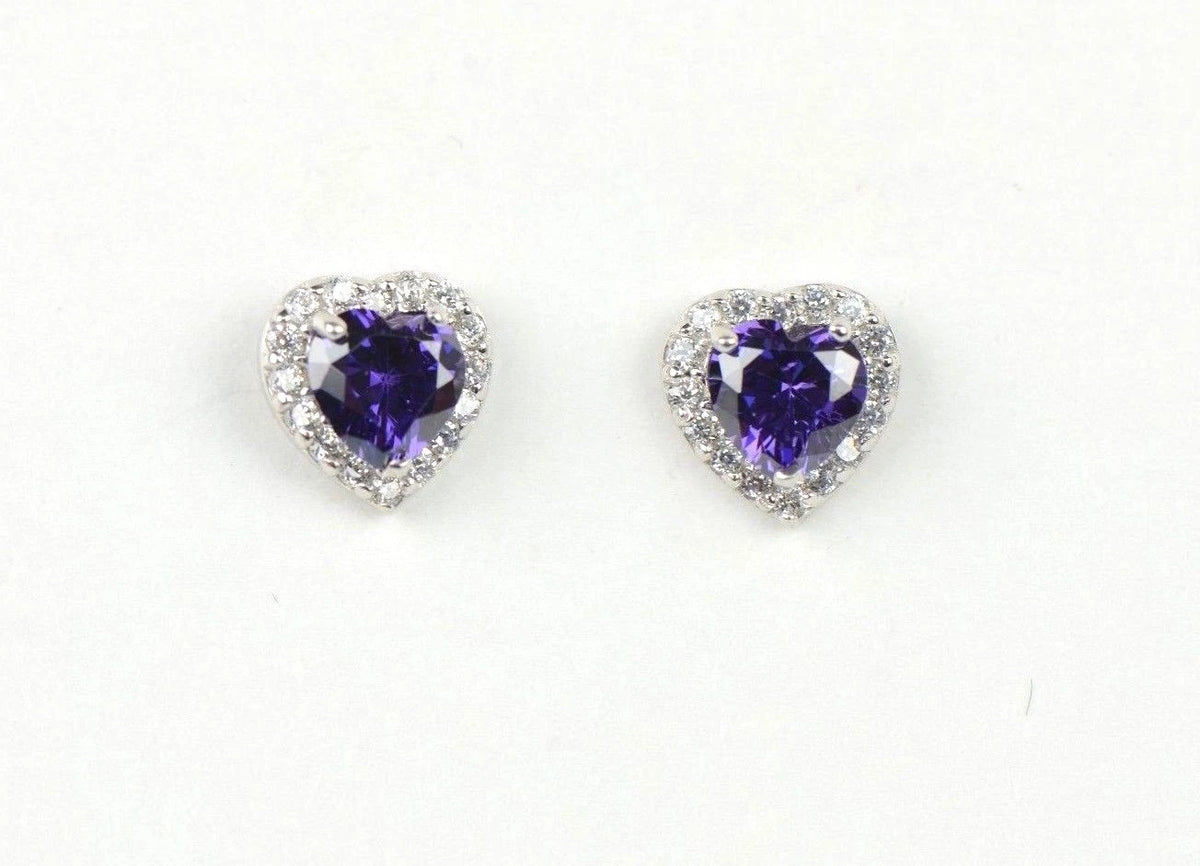 14k Solid White Gold Halo Heart Stud Earrings