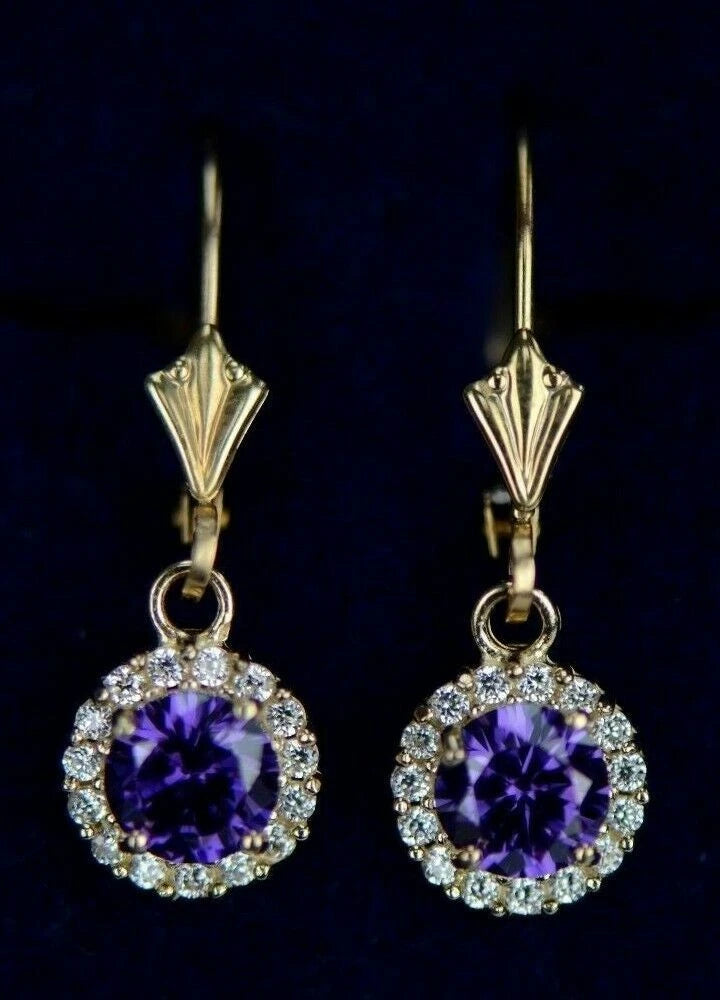 14k Yellow Gold Halo Dangle Round Leverback Pierced Earrings Birthstone